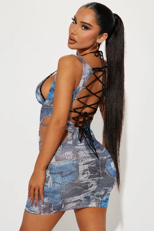 Denim Mood Mesh Mini Dress Set - Blue/combo