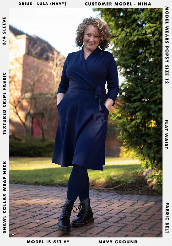 Lula Navy Shawl Collar Wrap Dress