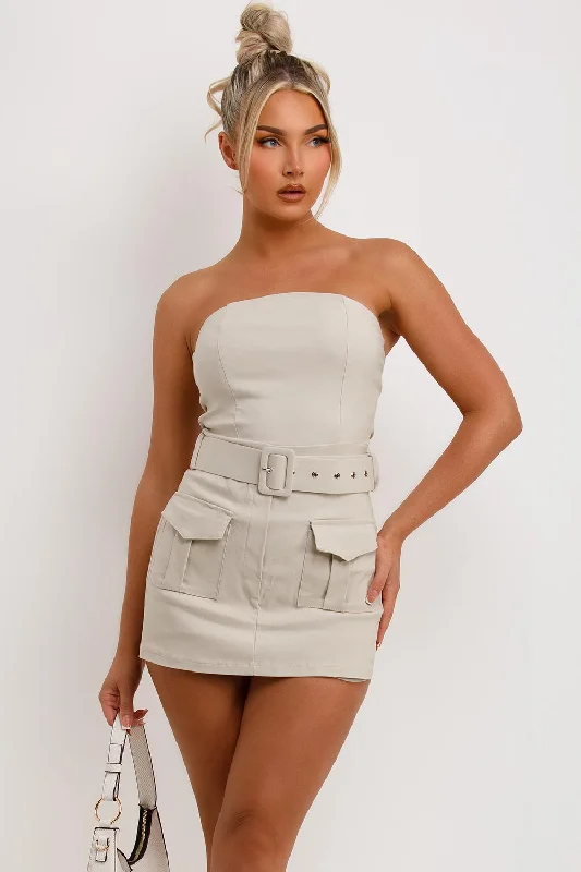 Skort Dress With Belt And Pockets Beige