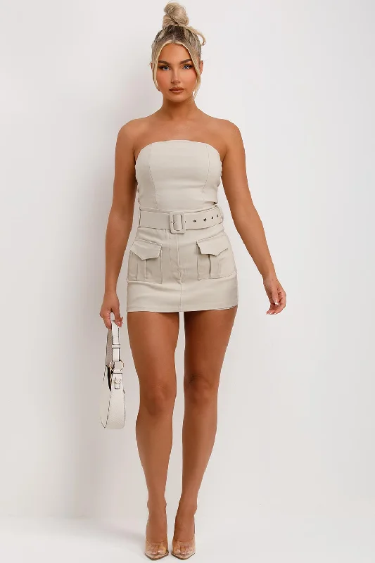 Skort Dress With Belt And Pockets Beige