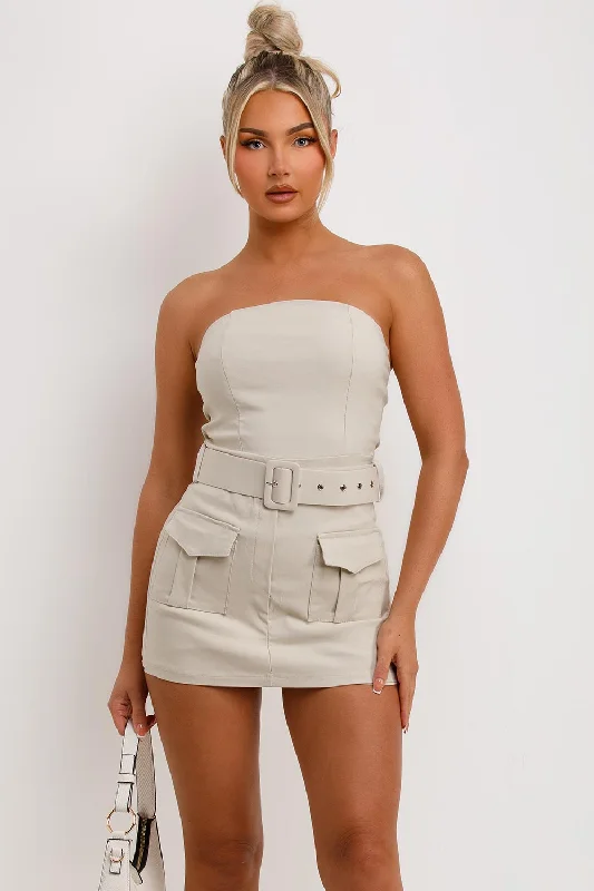 Skort Dress With Belt And Pockets Beige