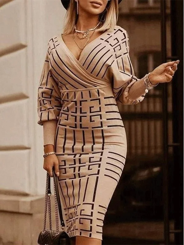 Women's Dresses Printed Deep V-Neck Long Sleeve Bodycon Dress