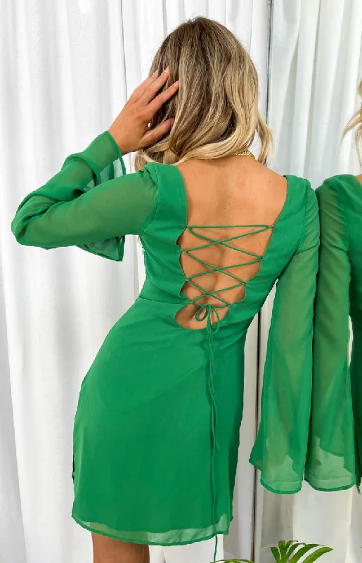 Amalfi Green Long Sleeve Lace Up Mini Dress