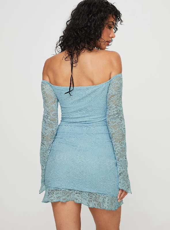 Boville Off The Shoulder Lace Mini Dress Blue