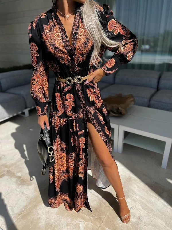 Dresses Vintage Print Long Sleeve Slit Dress for Women