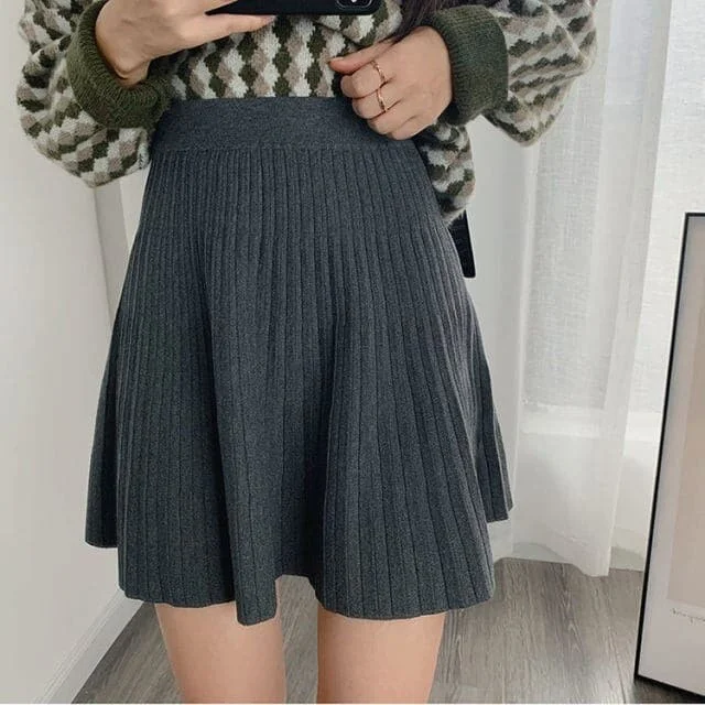 DressBetty - Knitted Women Autumn and Winter High Waist Pleated Skirt A- Line Skirt Short Skirt