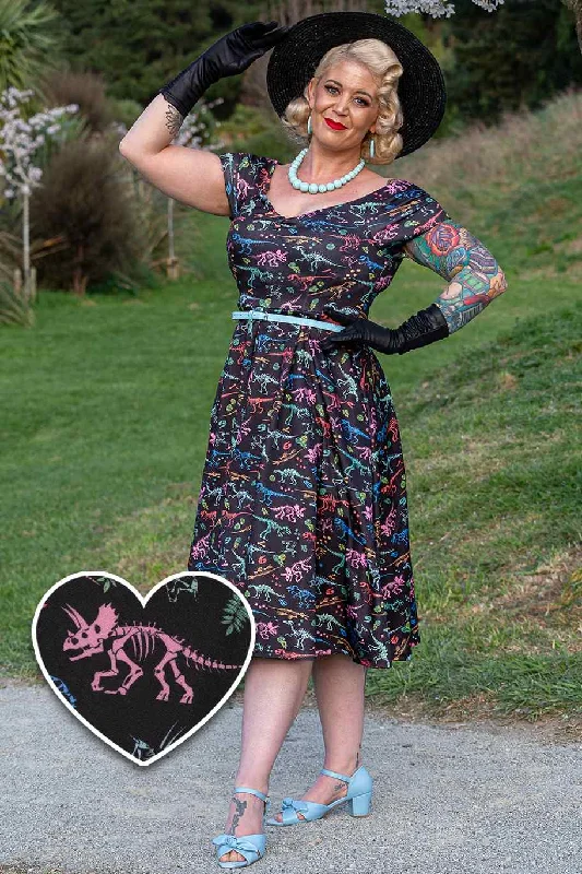 Lily Off Shoulder Circle Dress In Black Dinosaur Fossils