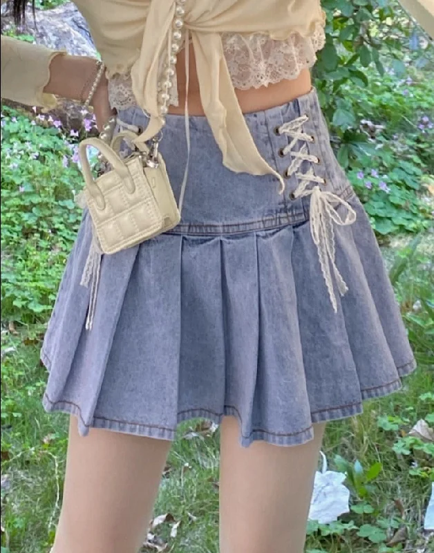 Lace Bandage High Waist Mini Denim Skirt