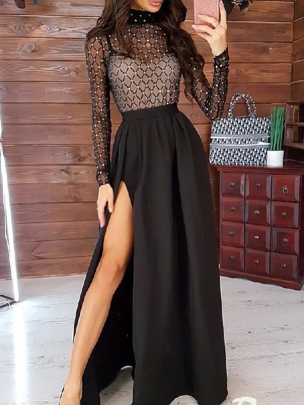 Women's Dresses Mesh Sheer Long Sleeve High Slit Dress