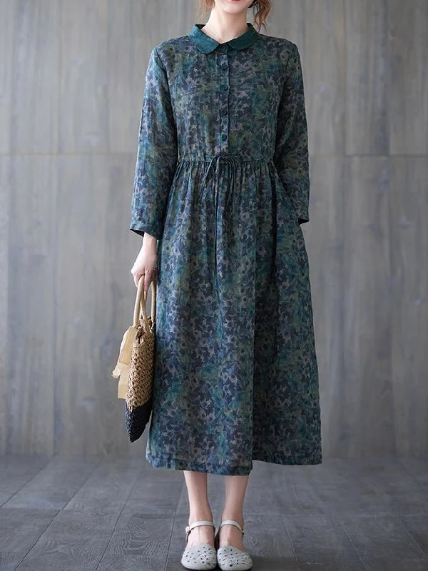 Vintage Print Button Elastic Waist Long Sleeve Dress