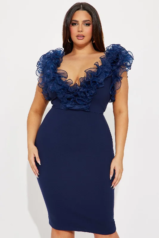 Angelica Ruffle Midi Dress - Navy