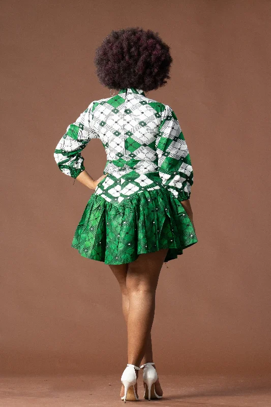 Annabella Ankara Midi Dress | Green and White African Print