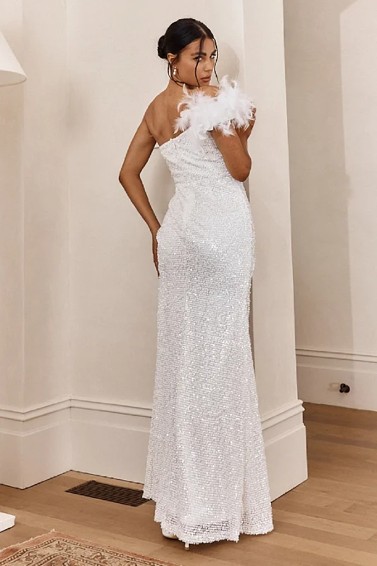 For Lovers Feather Trim Sequin Maxi Dress White