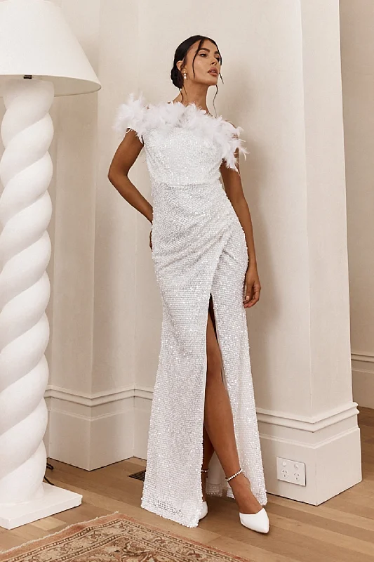 For Lovers Feather Trim Sequin Maxi Dress White