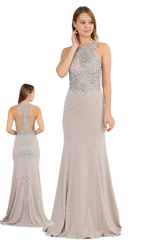 Long Embroidered Dress with Sheer Back by Poly USA 8314