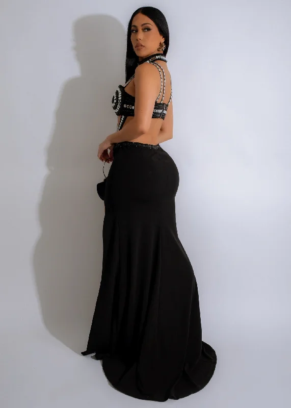 Noir Glamour Rhinestones Maxi Dress Black