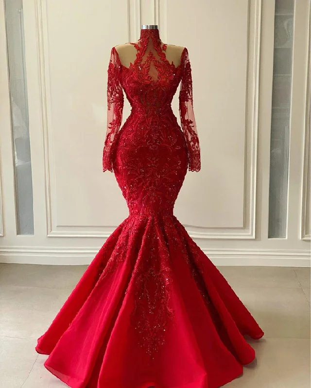 Red Luxurious Lace Beaded Evening Dresses Mermaid Long Sleeves Prom Dresses Vintage Formal Party Second Reception Gowns M5641