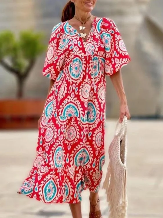 Vintage Print Puff Sleeve Maxi Dress