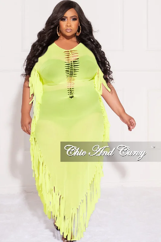 Final Sale Plus Size Mesh Cover-Up Dress with Cutout Front and Fringe Trim in Neon Green