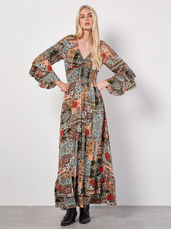 Ap 841161 Patchwork Scarf Print Maxi Dress.