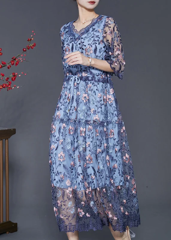 Art Blue Embroidered Tulle Cinched Dress Summer SD1089