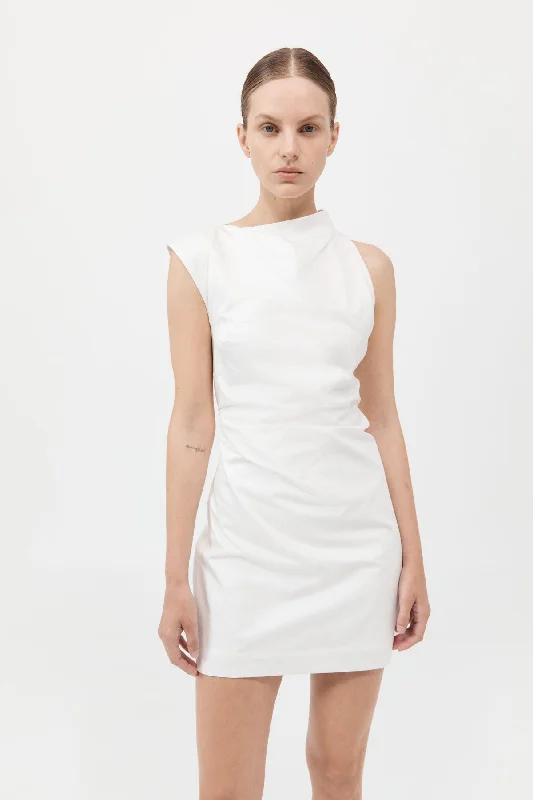 Asymmetric Tuck Mini Dress - White