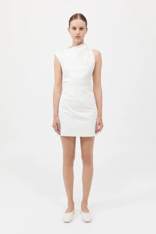 Asymmetric Tuck Mini Dress - White