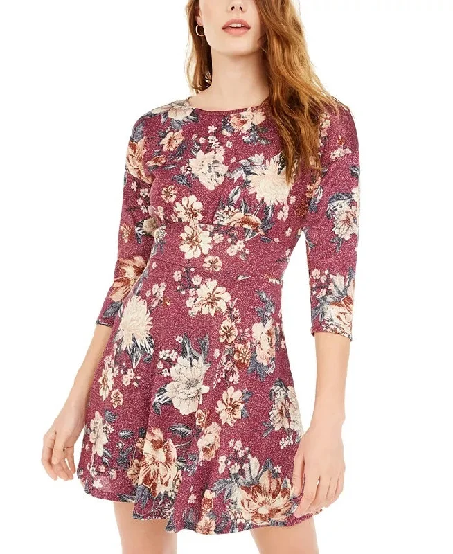 Be Bop Women's Purple Floral Long Sleeve Crew Neck Short Fit + Flare Dress Purple Size X-Small