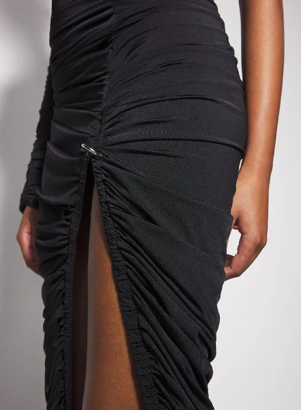 black asymmetrical pierced ruched dress