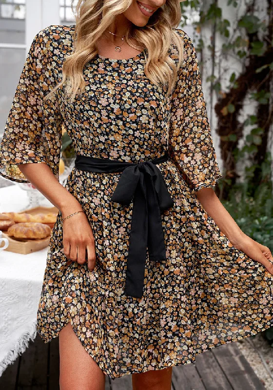 Black Floral Floral Babydoll Dress for Women Chiffon Cute Flowy Summer Beach Short Dresses with Pockets