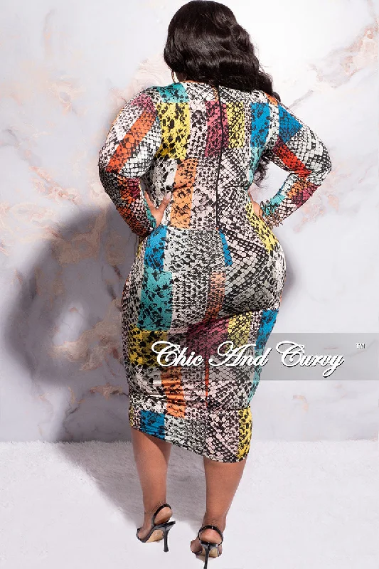 Final Sale Plus Size Deep V Ruched Mini BodyCon Dress with Draping Front in Multi Color Snake Print