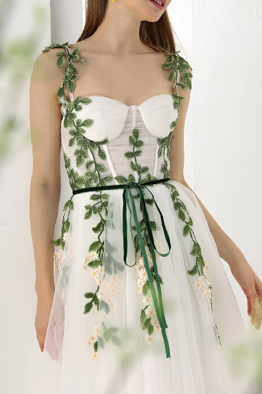 Corset Leaf Embroidered Midi Dress with removable Straps