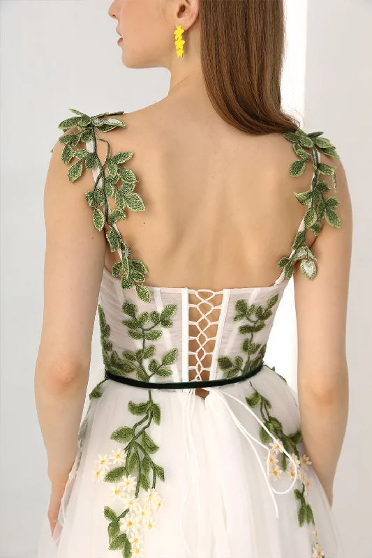 Corset Leaf Embroidered Midi Dress with removable Straps