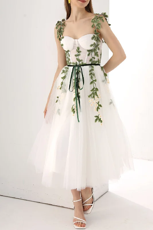 Corset Leaf Embroidered Midi Dress with removable Straps