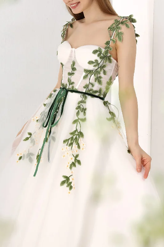 Corset Leaf Embroidered Midi Dress with removable Straps