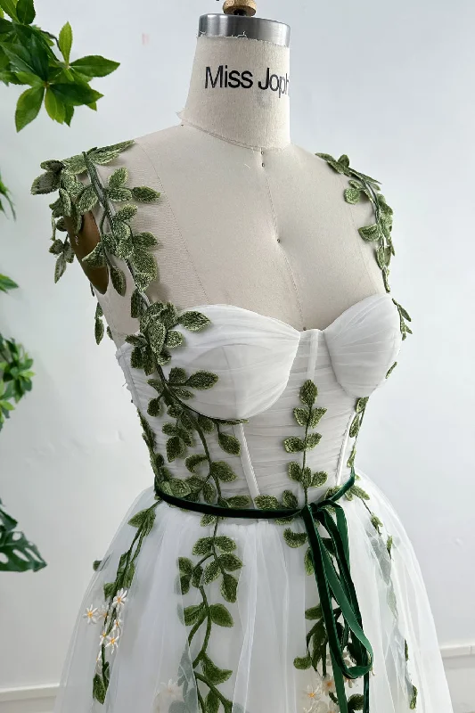 Corset Leaf Embroidered Midi Dress with removable Straps