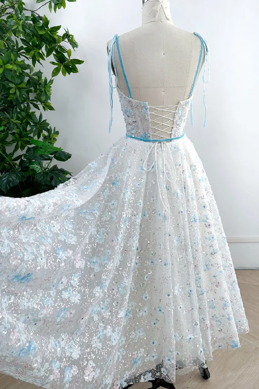 Corset Sky Blue 3D Floral Dress with Removable Tie Straps