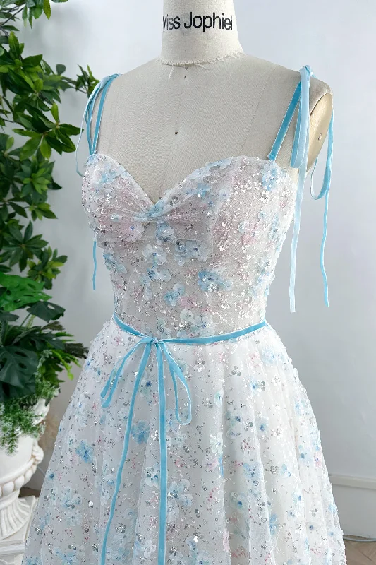 Corset Sky Blue 3D Floral Dress with Removable Tie Straps