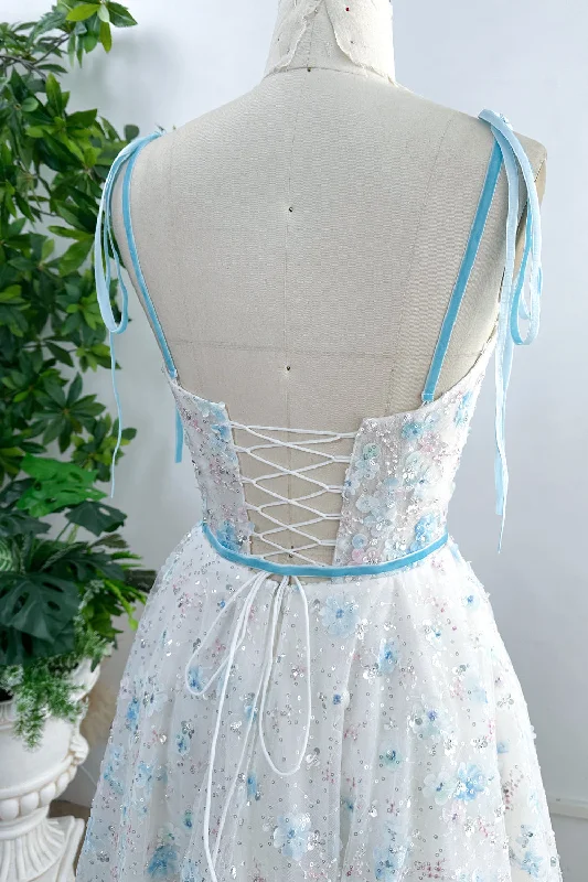 Corset Sky Blue 3D Floral Dress with Removable Tie Straps