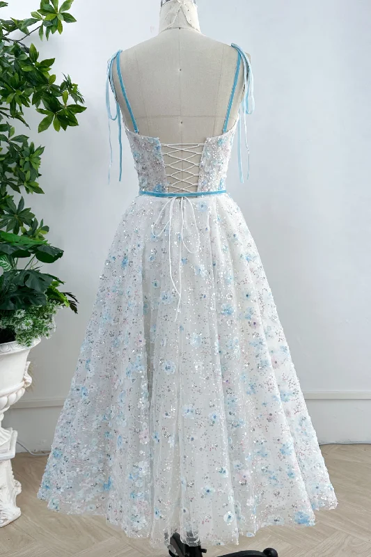 Corset Sky Blue 3D Floral Dress with Removable Tie Straps