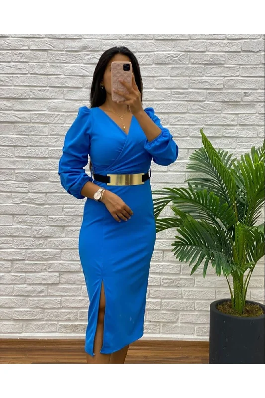 Double Breasted Collar Slit Dress - BLUE REF : 9187