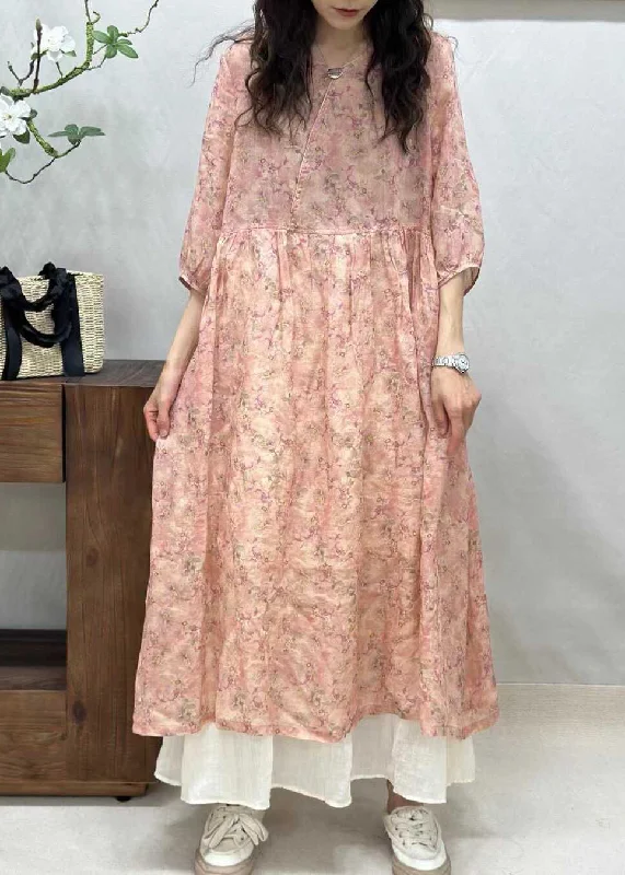 Elegant Yellow V Neck Print Linen Long Dresses Half Sleeve JH024