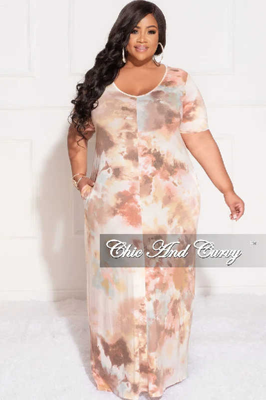 Final Sale Plus Size Short Sleeve Maxi Dress in Brown Multi Color Tie Dye Print