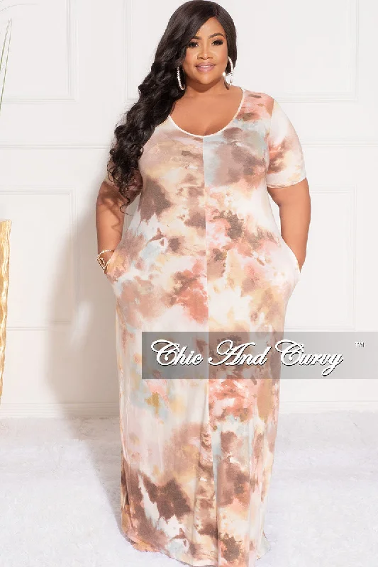 Final Sale Plus Size Short Sleeve Maxi Dress in Brown Multi Color Tie Dye Print