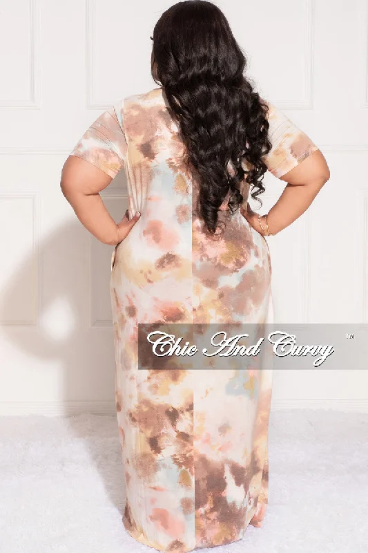 Final Sale Plus Size Short Sleeve Maxi Dress in Brown Multi Color Tie Dye Print