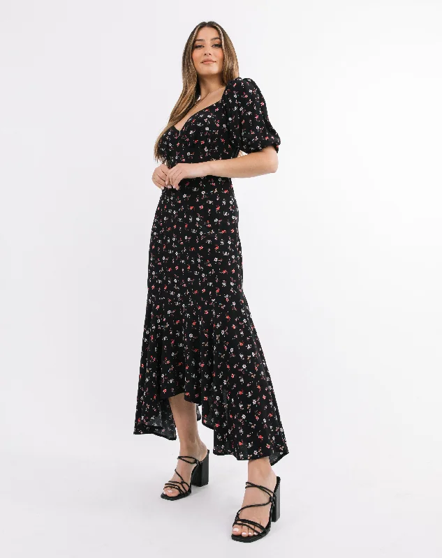 Sweetheart Neckline Midaxi Frill Dress in Black Rose Floral | Belle