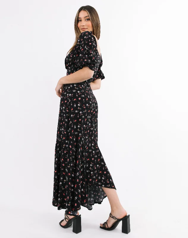 Sweetheart Neckline Midaxi Frill Dress in Black Rose Floral | Belle