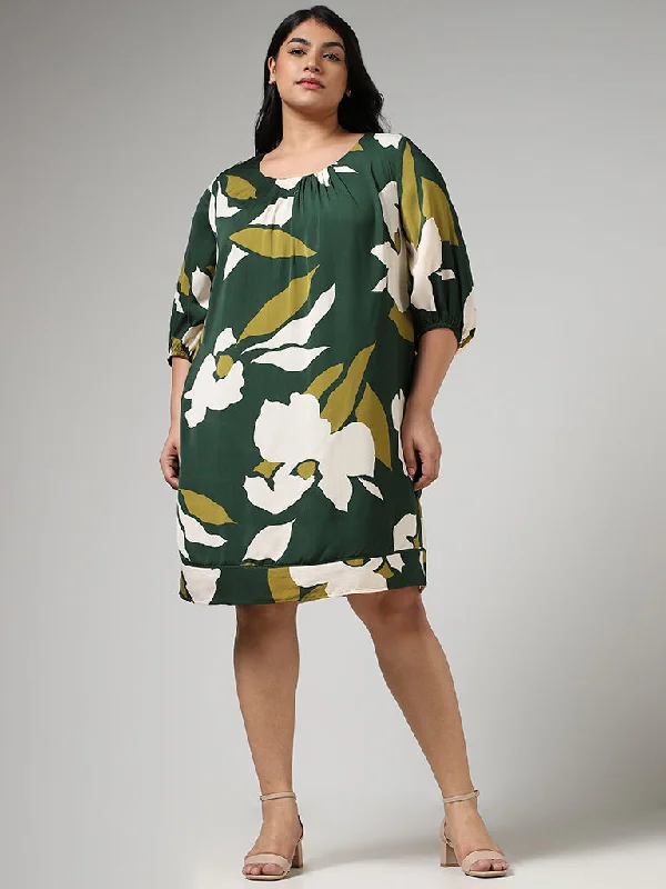 Gia Forest Green Bold Floral Printed Straight Dress