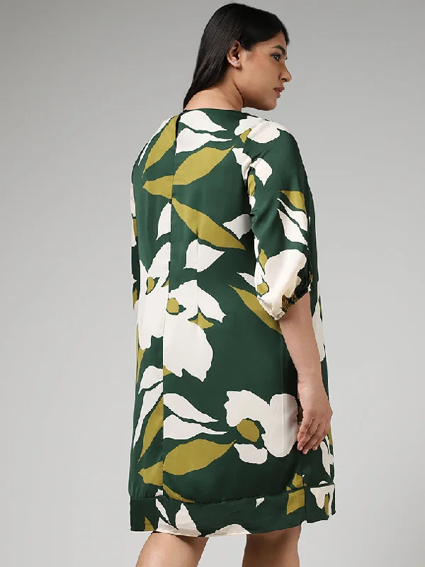 Gia Forest Green Bold Floral Printed Straight Dress