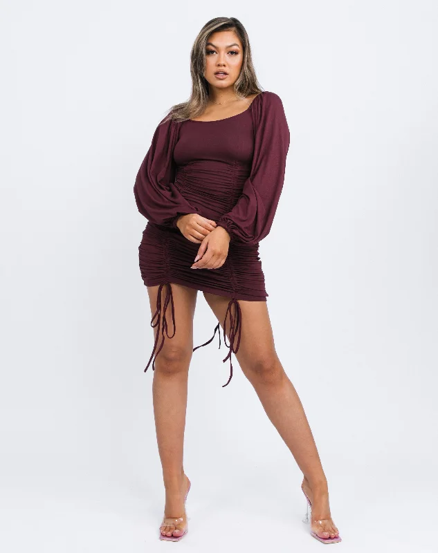 Square Neck Ruched Long Sleeve Mini Dress in Burgundy Red | Helena